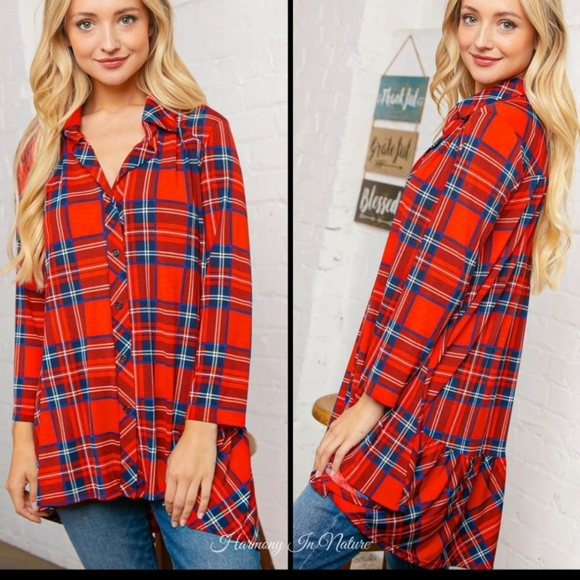 Red & Navy Faux Button Down Blouse - Picture 3 of 10